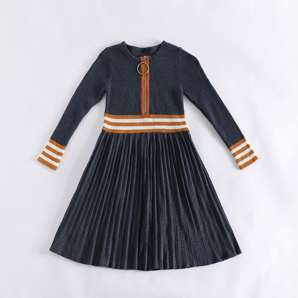 New navy blue knitted dress with contrasting stripes, zippers and pleated skirts, and custom processing services are also available.