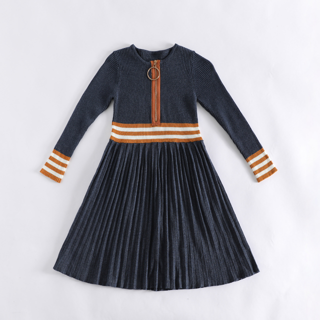 New navy blue knitted dress with contrasting stripes, zippers and pleated skirts, and custom processing services are also available.