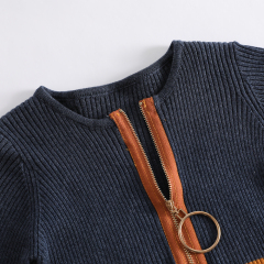 New navy blue knitted dress with contrasting stripes, zippers and pleated skirts, and custom processing services are also available.