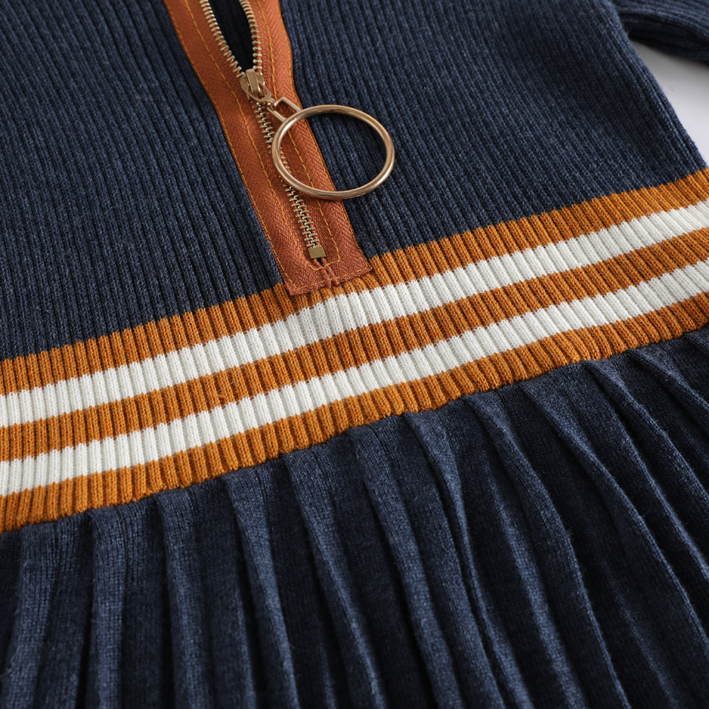 New navy blue knitted dress with contrasting stripes, zippers and pleated skirts, and custom processing services are also available.