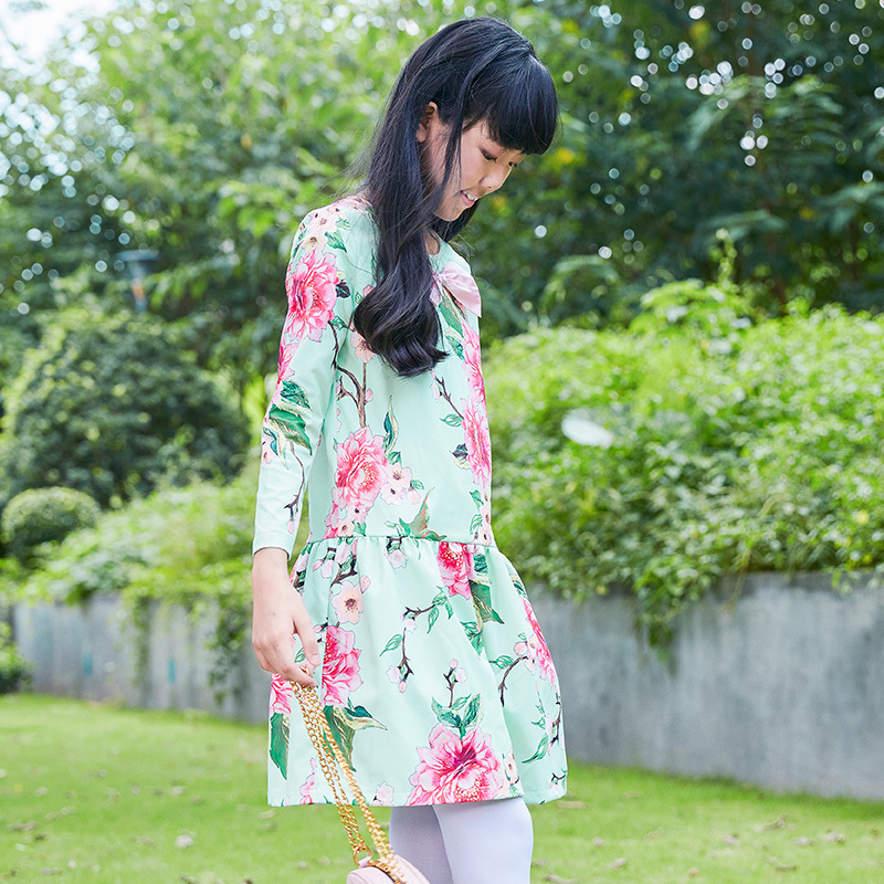 New Spring and Autumn Girls' Floral Printed Dress