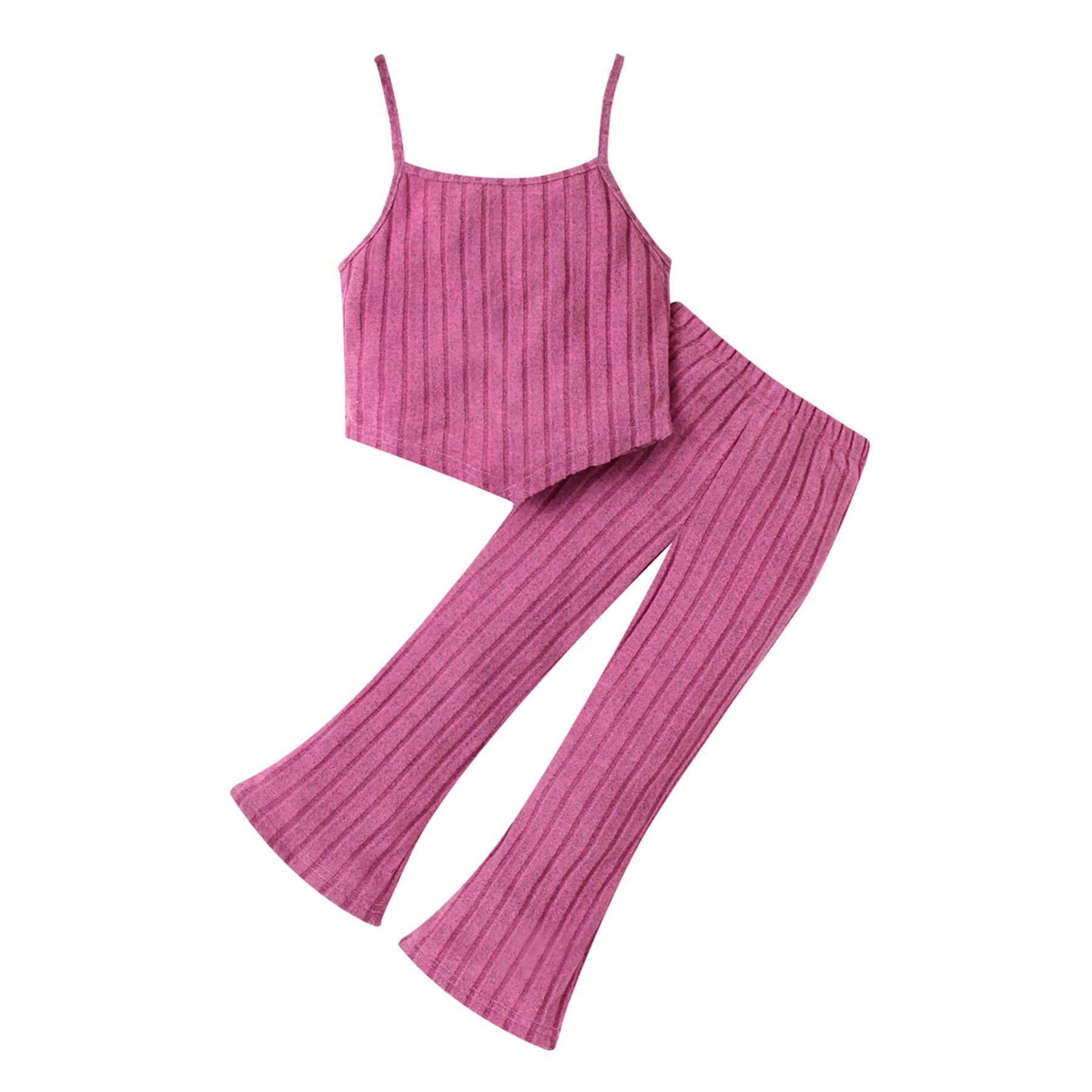 Girls' Rose - Pink Ribbed Cami Top + Flared Pants Set