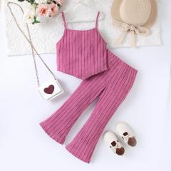 Girls' Rose - Pink Ribbed Cami Top + Flared Pants Set