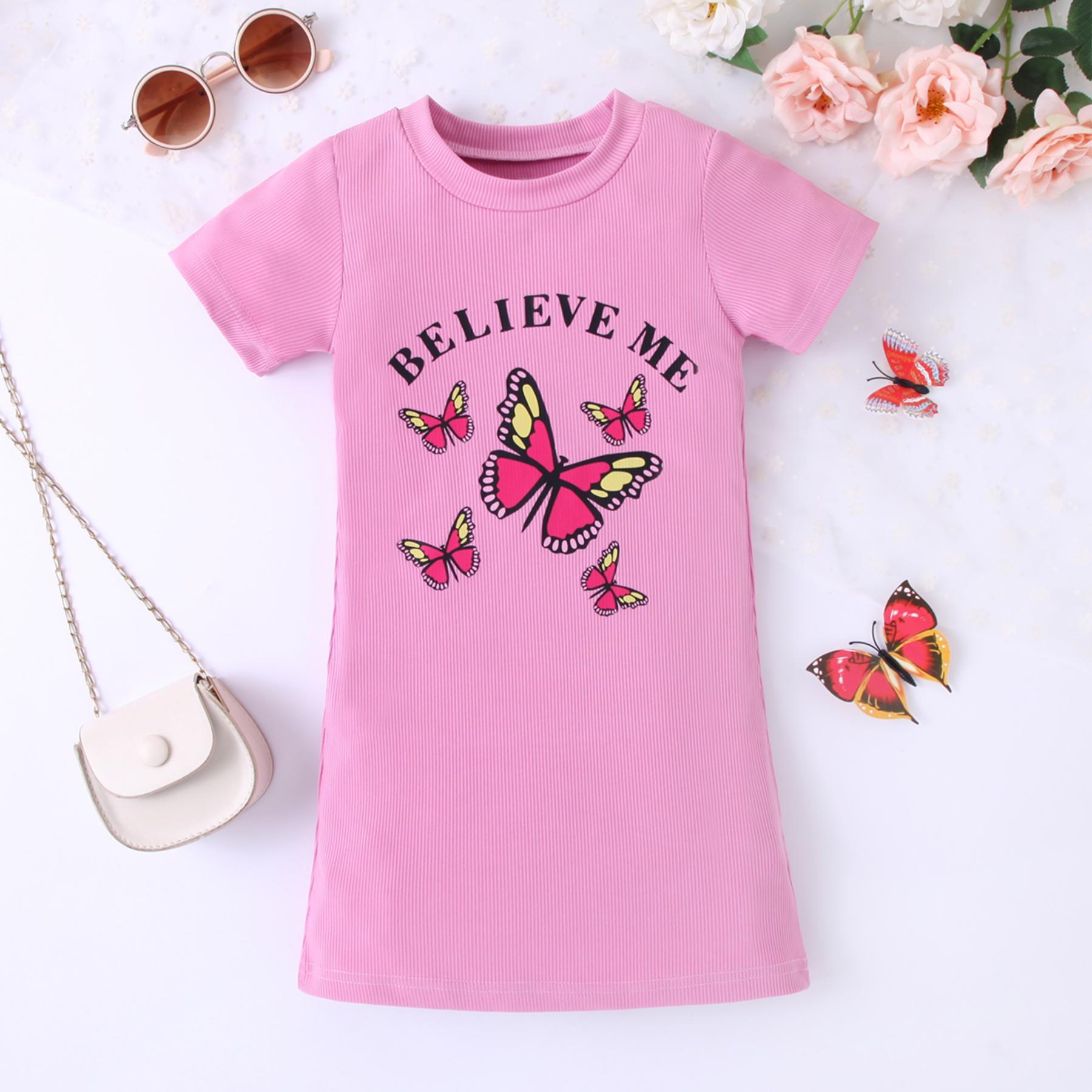 Girls' Pink Ribbed Dress with Butterfly and Letter Print, Short - Sleeved