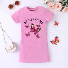 Girls' Pink Ribbed Dress with Butterfly and Letter Print, Short - Sleeved