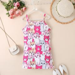 Childlike Cat All - over Printed Slip Dress, Cute - style Playful Little Dress for Girls in Summer