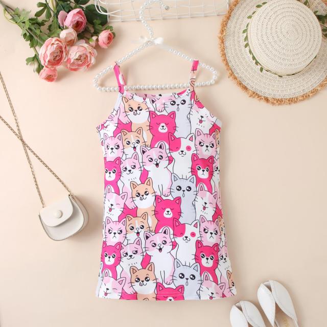 Childlike Cat All - over Printed Slip Dress, Cute - style Playful Little Dress for Girls in Summer