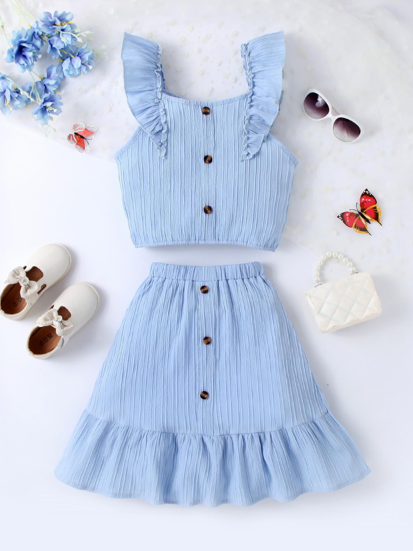 Light blue ruffled camisole with buttoned skirt two-piece set for girls