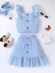 Light blue ruffled camisole with buttoned skirt two-piece set for girls