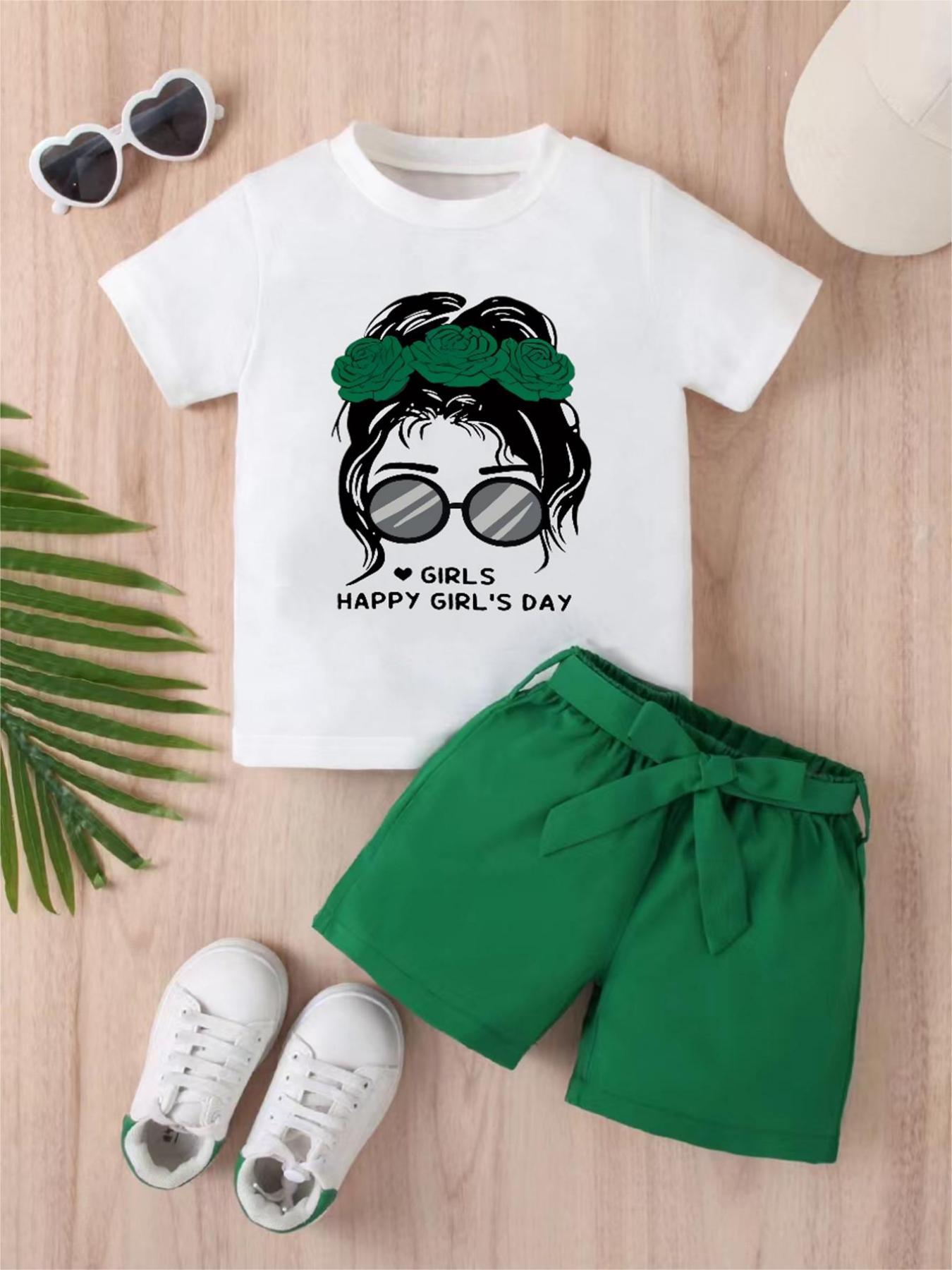Girls' Set: White T - shirt with "Happy Girl's Day" Print and Green Bow - tied Shorts