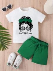Girls' Set: White T - shirt with "Happy Girl's Day" Print and Green Bow - tied Shorts
