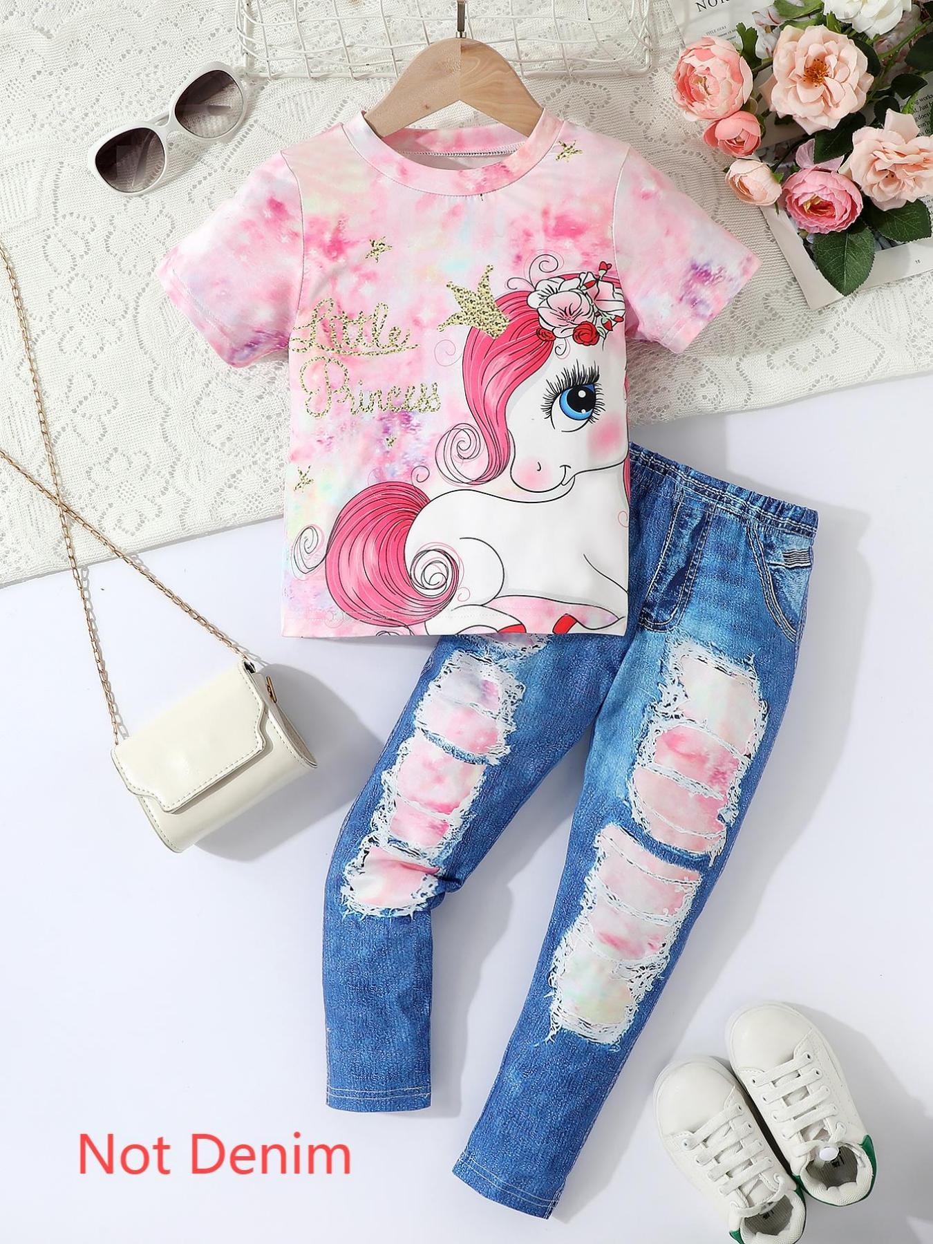 Pink - Blue Gradient Unicorn - Printed Girls' T - Shirt and Tri - Color Ripped Jeans Set