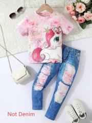 Pink - Blue Gradient Unicorn - Printed Girls' T - Shirt and Tri - Color Ripped Jeans Set