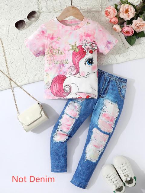 Pink - Blue Gradient Unicorn - Printed Girls' T - Shirt and Tri - Color Ripped Jeans Set