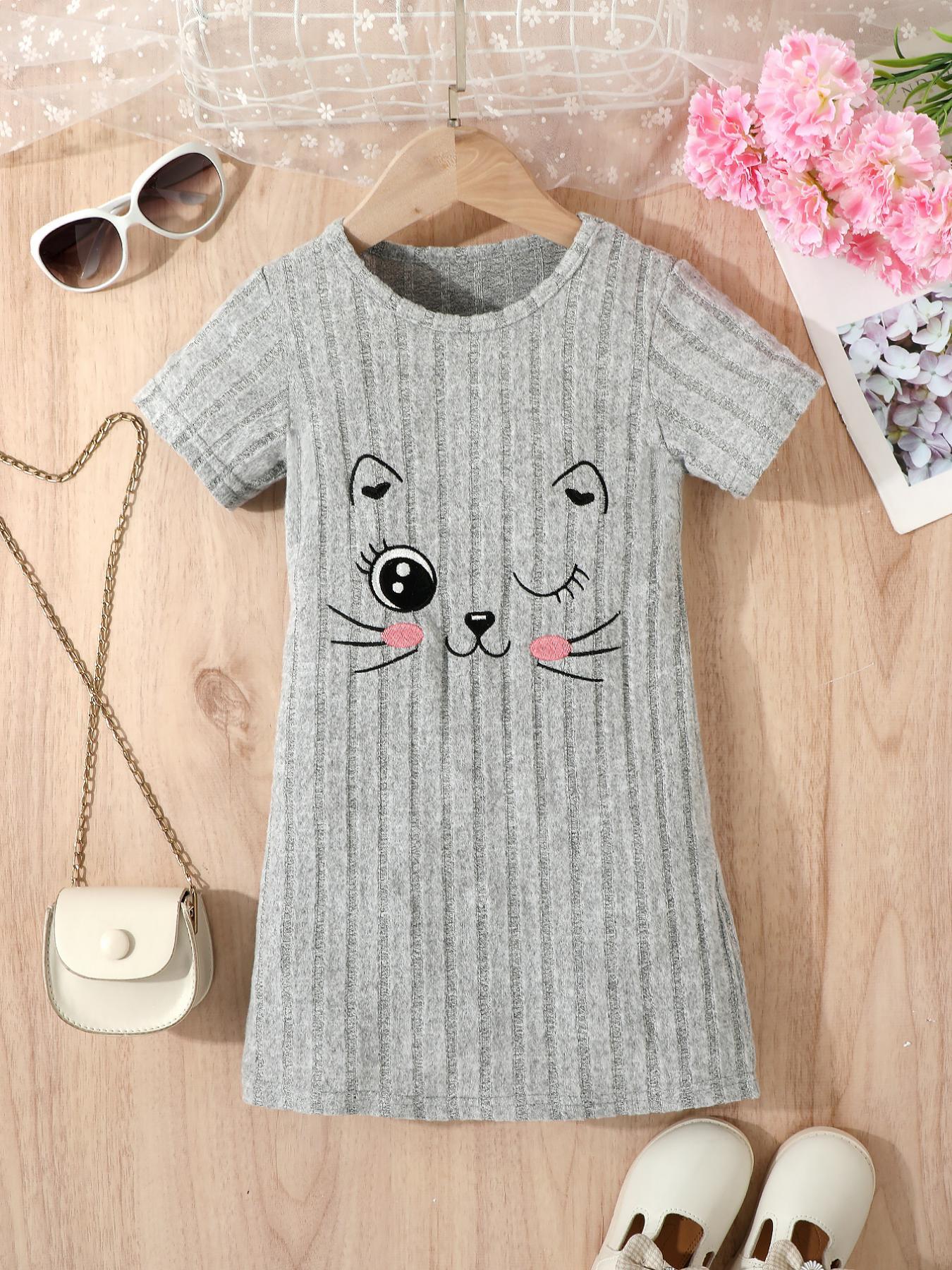 Girls' Grey Ribbed Kitten - Patterned Cute Short - Sleeve Dress