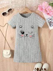 Girls' Grey Ribbed Kitten - Patterned Cute Short - Sleeve Dress