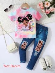 Girls' Cartoon Girl - Printed T - Shirt and Leopard - Print Jeans Set