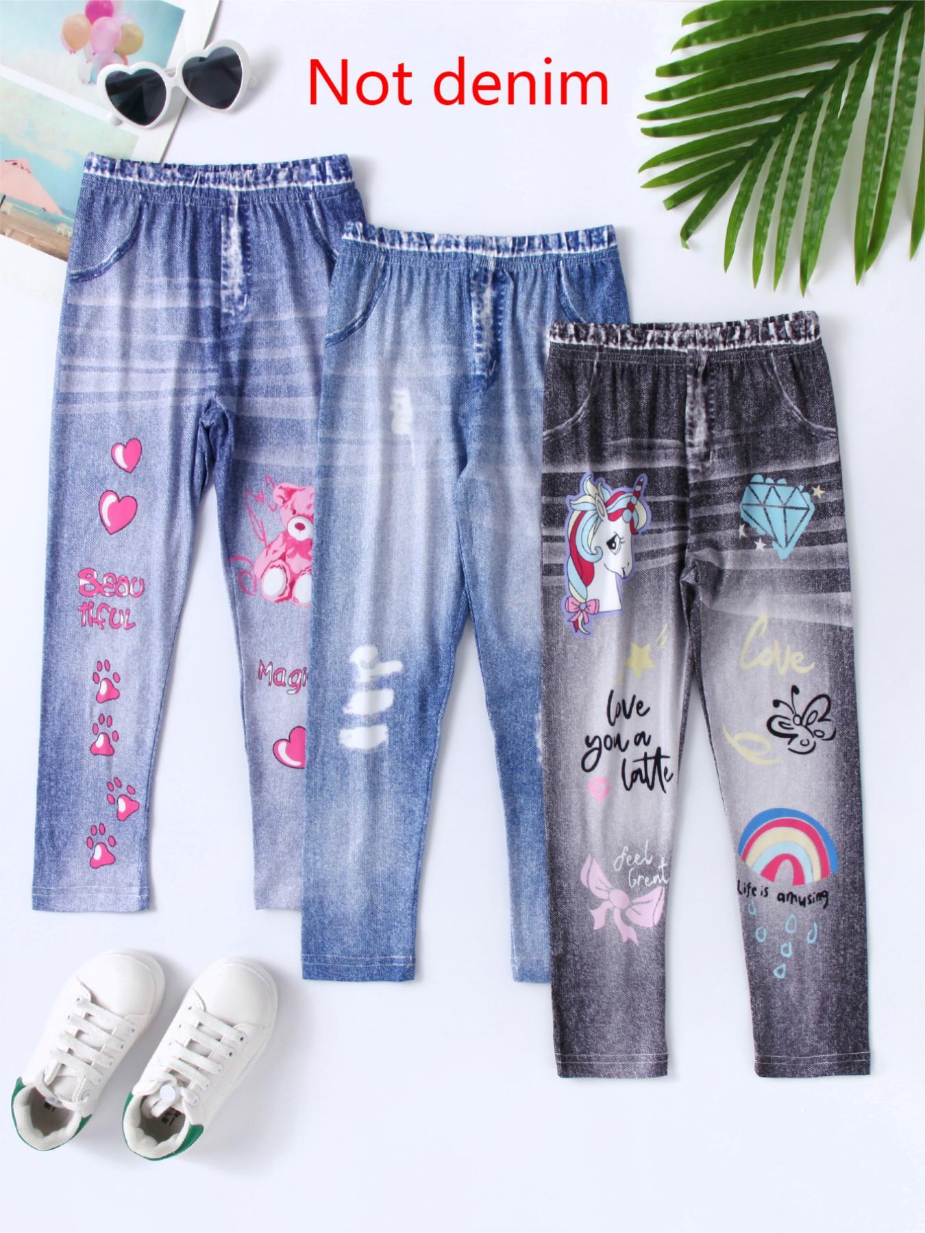 Girls' printed jeans, available in three colors.