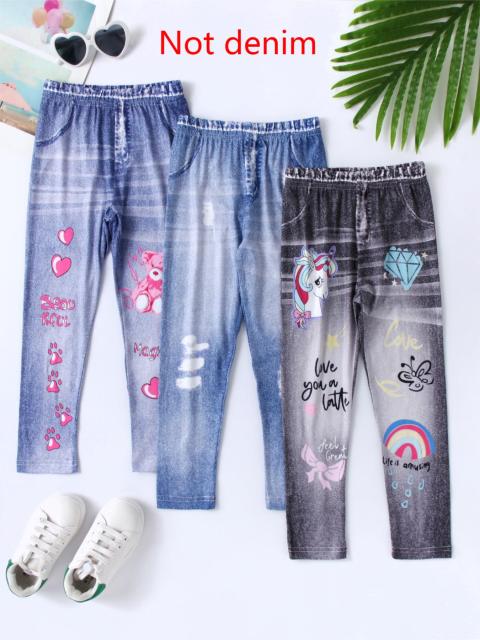 Girls' printed jeans, available in three colors.