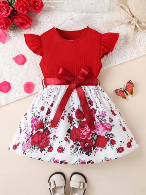 Girls' Dress with Red Top, Floral Skirt, Flutter Sleeves and Waist - Cinching Flower Design