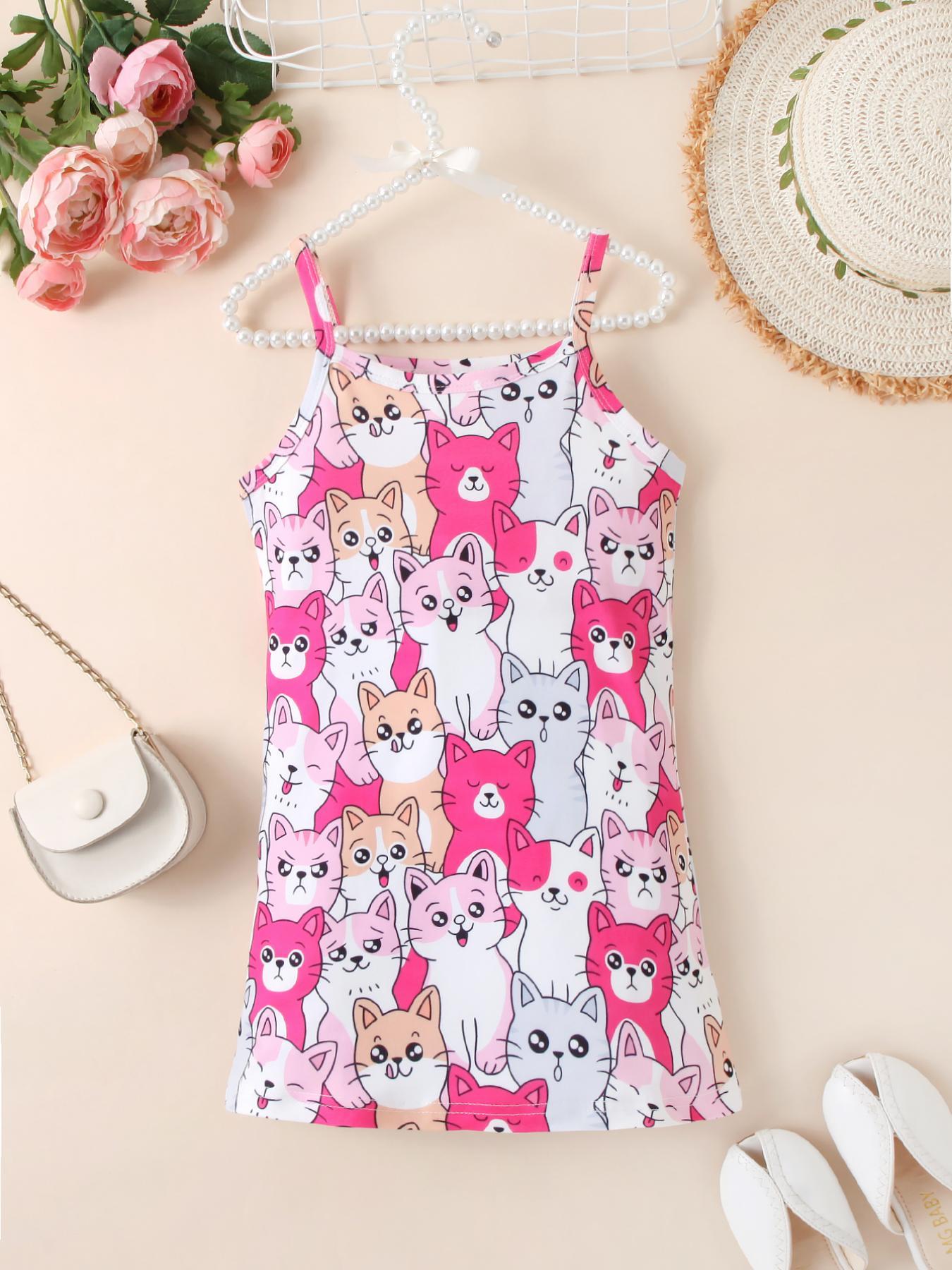 Childlike Cat All - over Printed Slip Dress, Cute - style Playful Little Dress for Girls in Summer