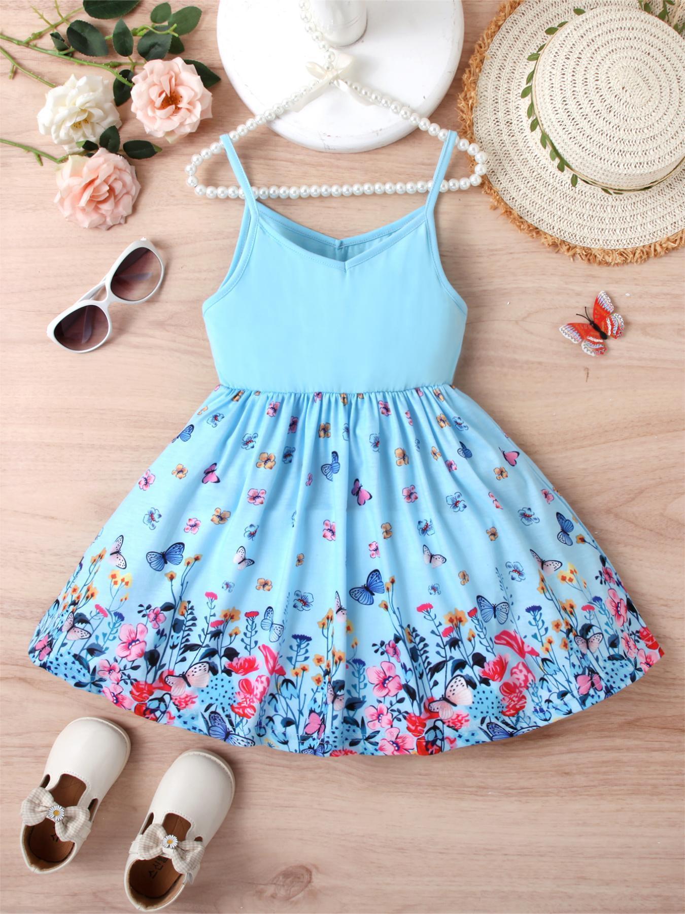 Blue Kids' Dress with Floral & Butterfly Print, Spaghetti Straps