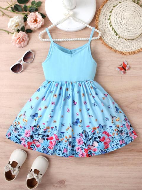 Blue Kids' Dress with Floral & Butterfly Print, Spaghetti Straps