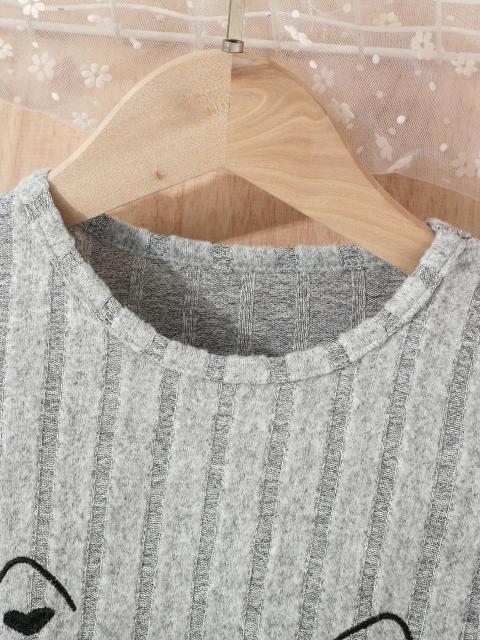 Girls' Grey Ribbed Kitten - Patterned Cute Short - Sleeve Dress
