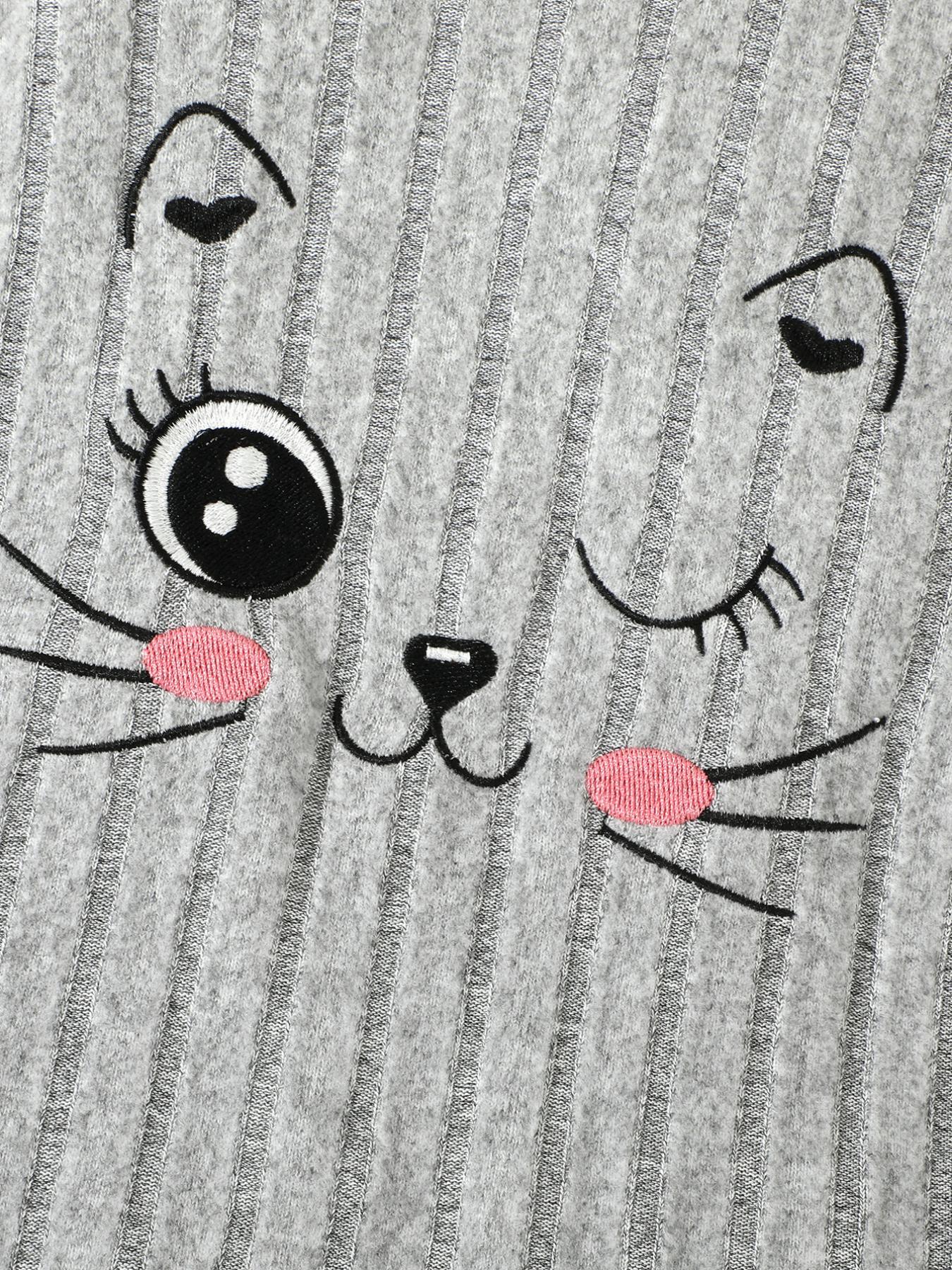 Girls' Grey Ribbed Kitten - Patterned Cute Short - Sleeve Dress