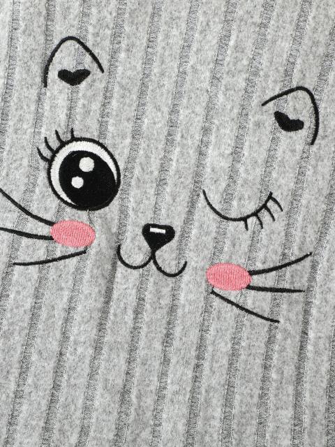 Girls' Grey Ribbed Kitten - Patterned Cute Short - Sleeve Dress