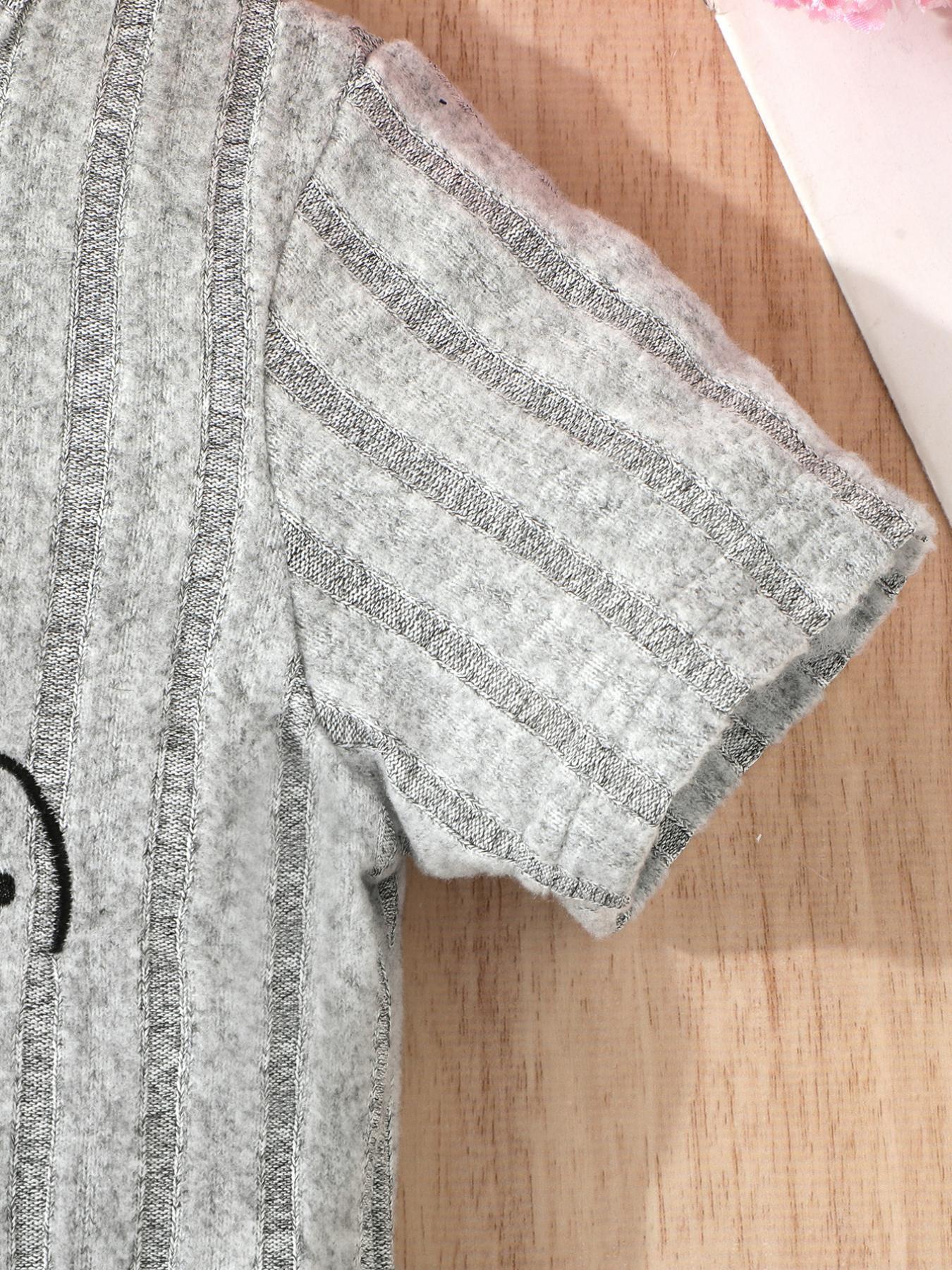 Girls' Grey Ribbed Kitten - Patterned Cute Short - Sleeve Dress