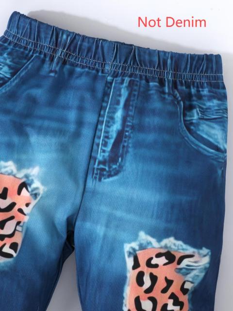Girls' Cartoon Girl - Printed T - Shirt and Leopard - Print Jeans Set