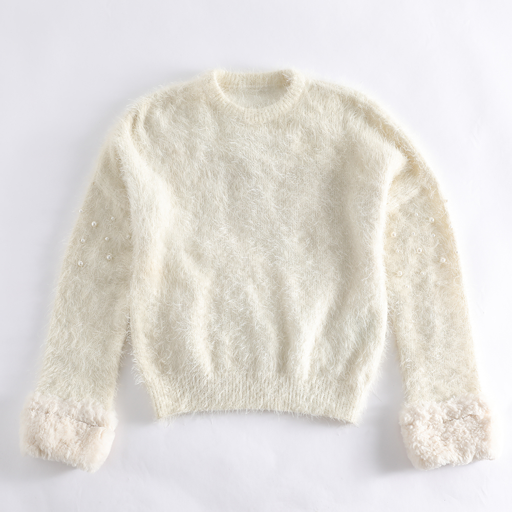 New Children's Crew - Neck Sweater with Plush Texture, Pearl Decoration and Cuff Splicing