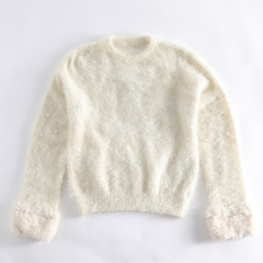 New Children's Crew - Neck Sweater with Plush Texture, Pearl Decoration and Cuff Splicing