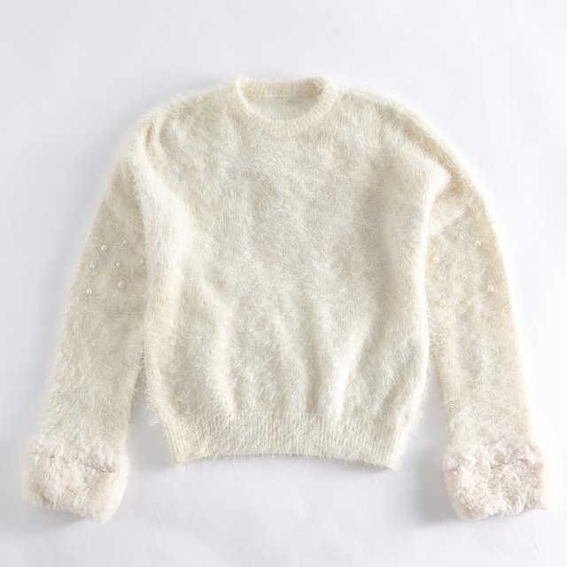 New Children's Crew - Neck Sweater with Plush Texture, Pearl Decoration and Cuff Splicing