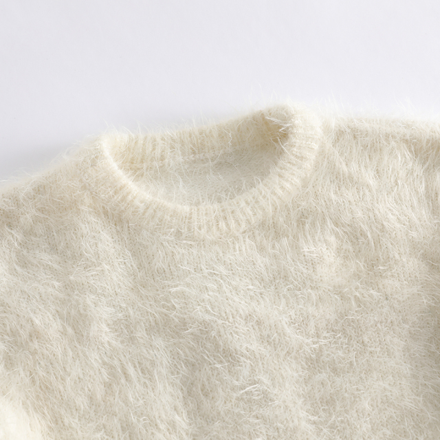 New Children's Crew - Neck Sweater with Plush Texture, Pearl Decoration and Cuff Splicing