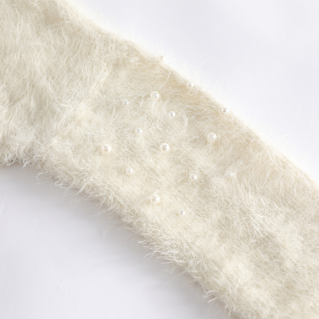 New Children's Crew - Neck Sweater with Plush Texture, Pearl Decoration and Cuff Splicing