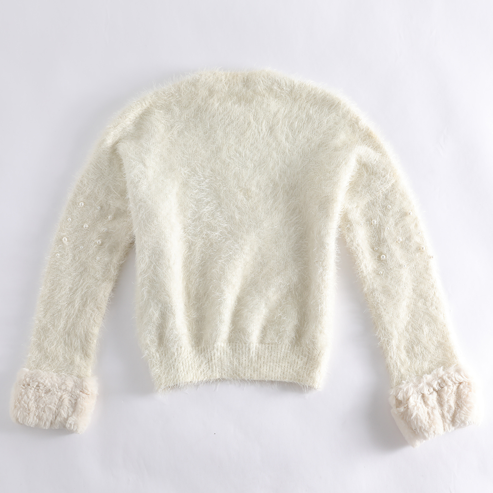 New Children's Crew - Neck Sweater with Plush Texture, Pearl Decoration and Cuff Splicing