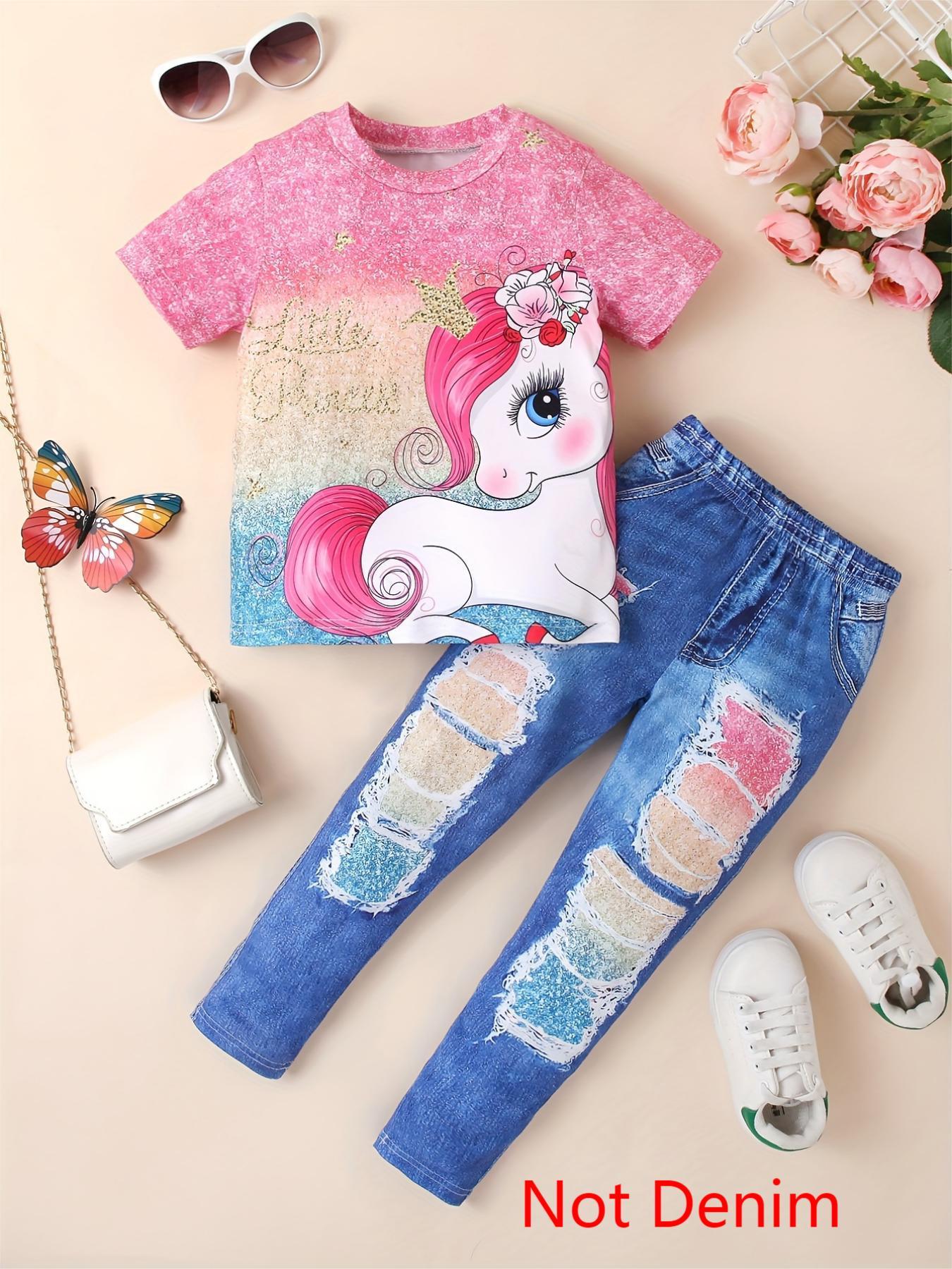 Pink - Blue Gradient Unicorn - Printed Girls' T - Shirt and Tri - Color Ripped Jeans Set