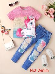 Pink - Blue Gradient Unicorn - Printed Girls' T - Shirt and Tri - Color Ripped Jeans Set