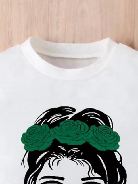 Girls' Set: White T - shirt with "Happy Girl's Day" Print and Green Bow - tied Shorts