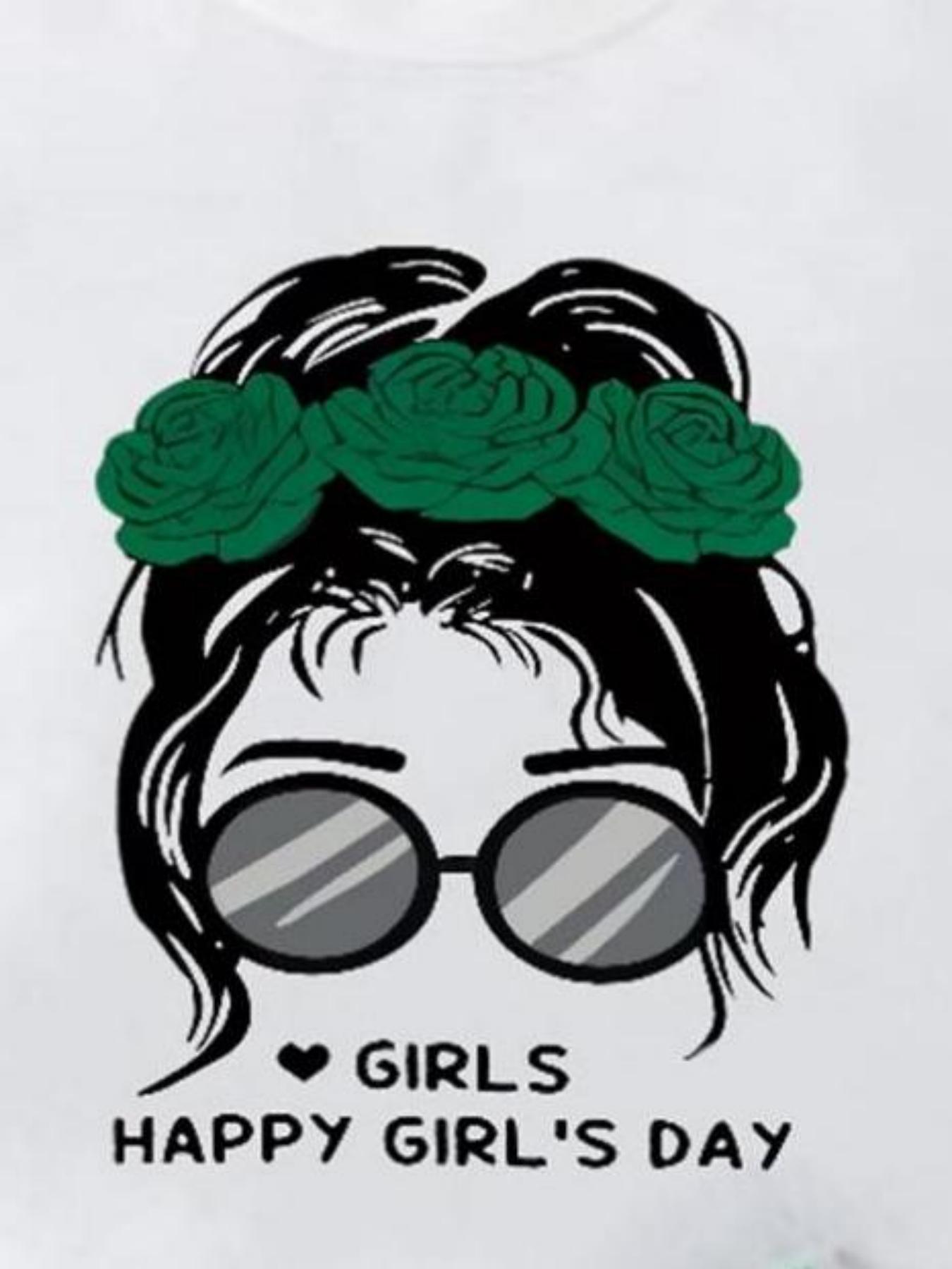 Girls' Set: White T - shirt with "Happy Girl's Day" Print and Green Bow - tied Shorts
