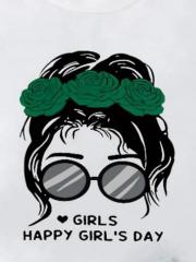 Girls' Set: White T - shirt with "Happy Girl's Day" Print and Green Bow - tied Shorts