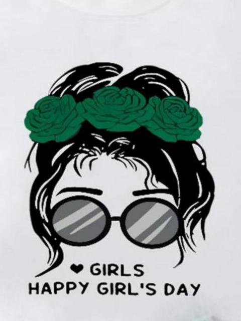 Girls' Set: White T - shirt with "Happy Girl's Day" Print and Green Bow - tied Shorts