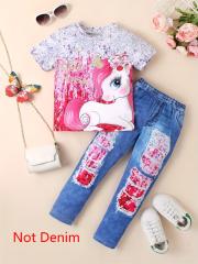 Pink - Blue Gradient Unicorn - Printed Girls' T - Shirt and Tri - Color Ripped Jeans Set