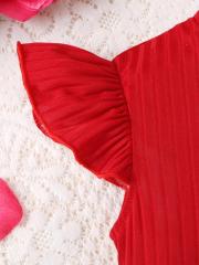 Girls' Dress with Red Top, Floral Skirt, Flutter Sleeves and Waist - Cinching Flower Design