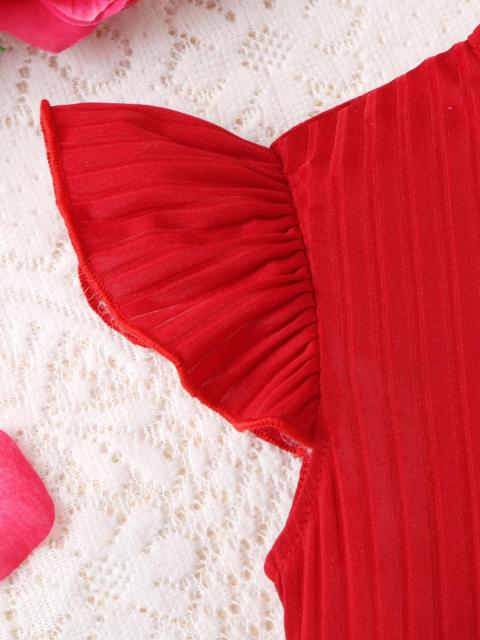 Girls' Dress with Red Top, Floral Skirt, Flutter Sleeves and Waist - Cinching Flower Design