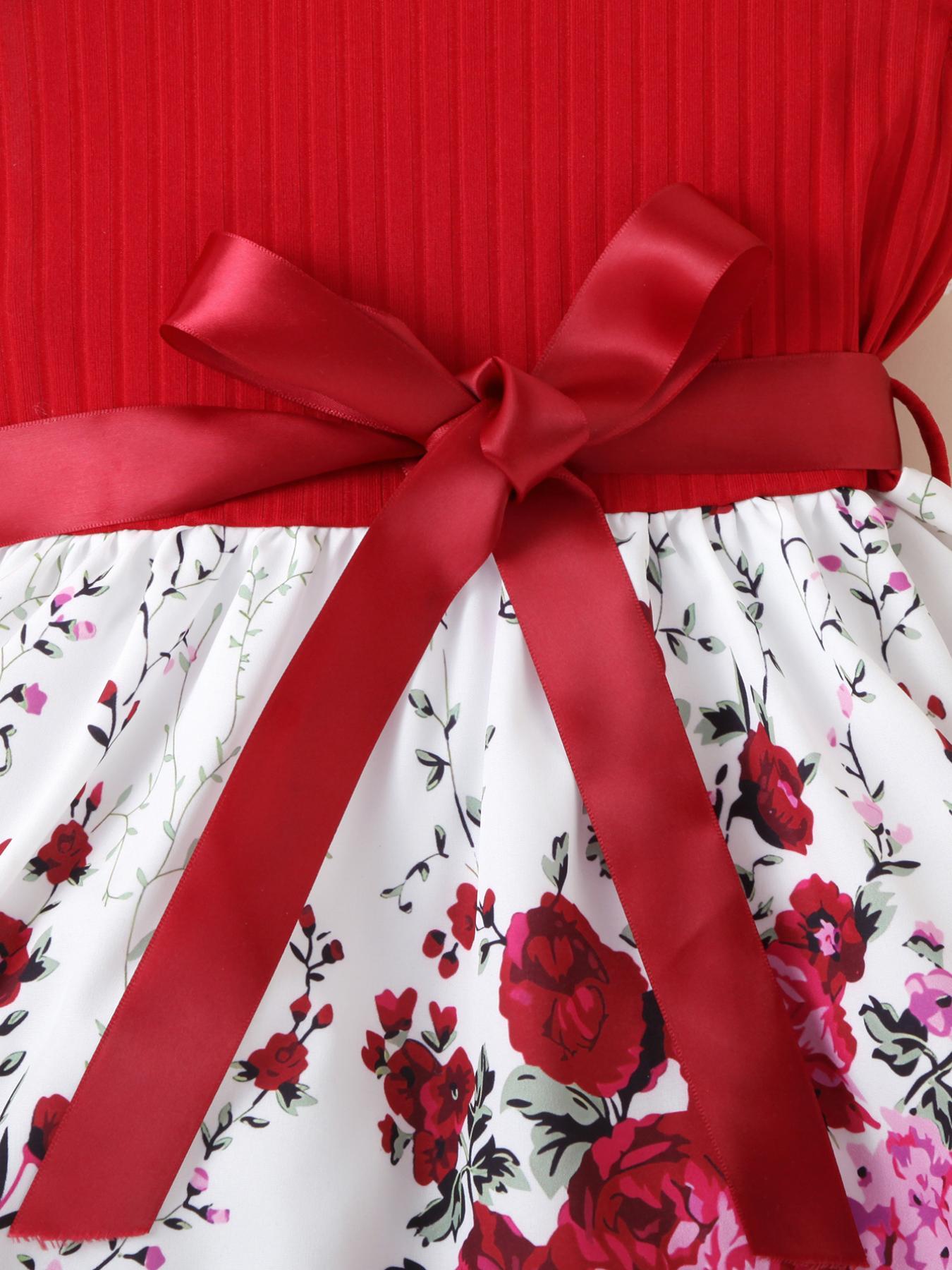 Girls' Dress with Red Top, Floral Skirt, Flutter Sleeves and Waist - Cinching Flower Design