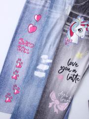 Girls' printed jeans, available in three colors.