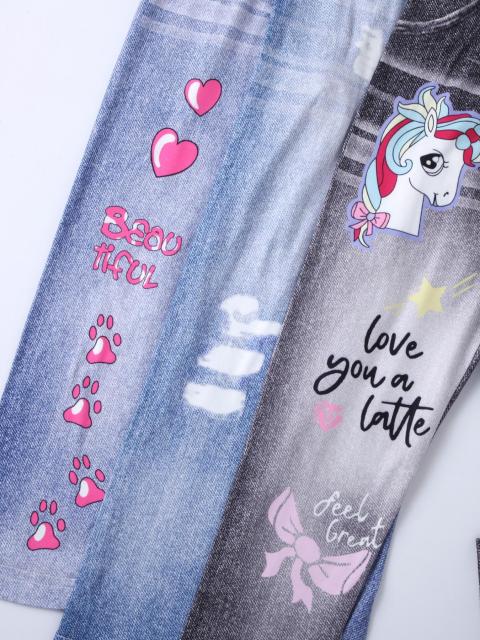 Girls' printed jeans, available in three colors.